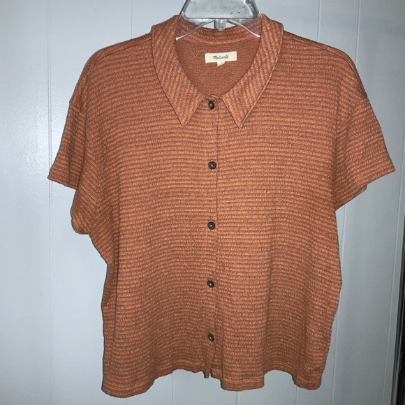 Madewell Earthen Red knit textured button front shirt Sz L cotton blend stretch - Picture 1 of 4